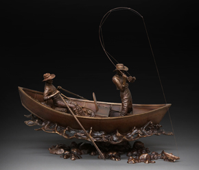 Fly fishing drift boat bronze sculpture